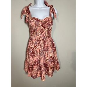 BOG Collective Paisley Print Tiered Mini Dress Tie Shoulder Pink XS‎
